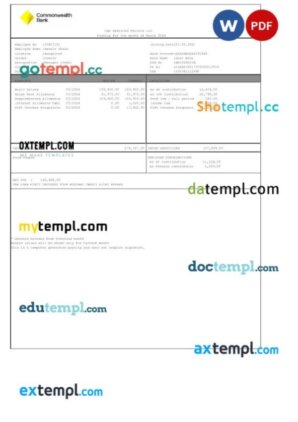 Commonwealth Bank CBA Services payslip template in Word and PDF formats