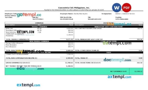 Concentrix CVG Philippines payslip template in Word and PDF formats