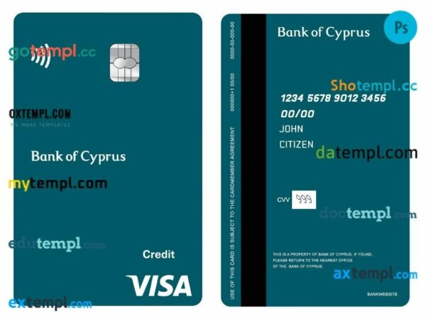 Cyprus Bank of Cyprus visa credit vertical card template in PSD format