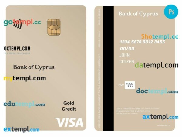 Cyprus Bank of Cyprus visa gold credit vertical card template in PSD format