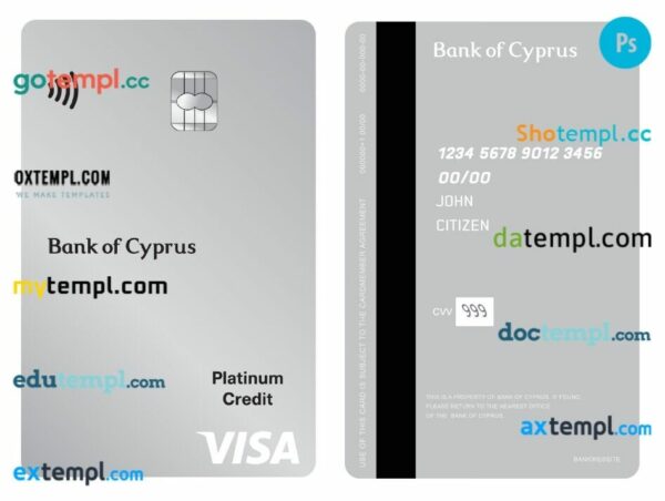 Cyprus Bank of Cyprus visa platinum credit vertical card template in PSD format