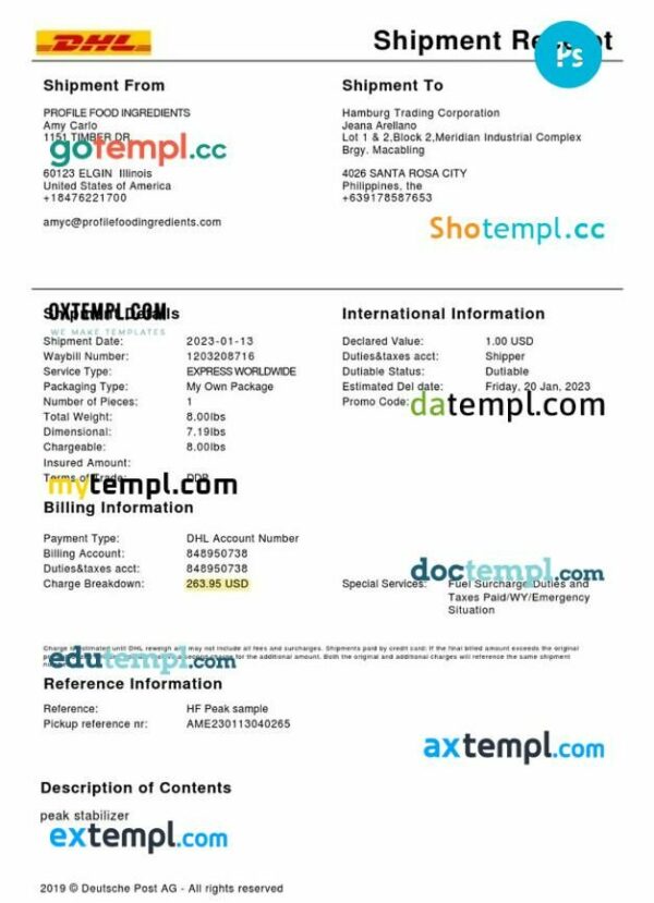 DHL service shipment receipt PSD template