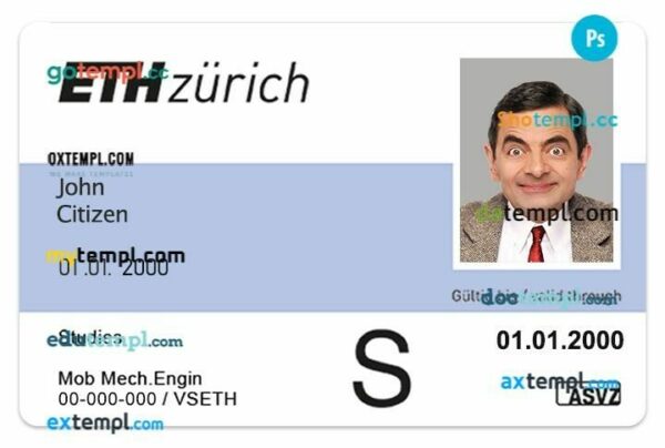 ETH Zurich student ID template in PSD format, fully editable