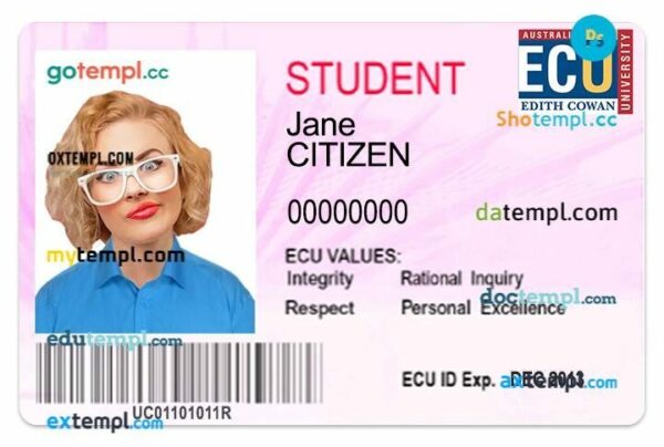 Edith Cowan University student ID template in PSD format, fully editable