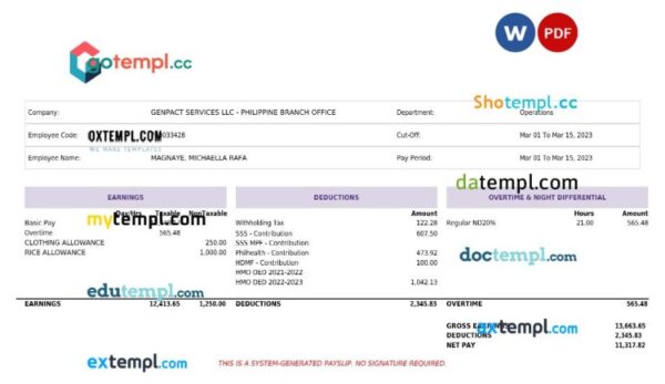 Genpact Services artificial intelligence payslip template in Word and PDF formats