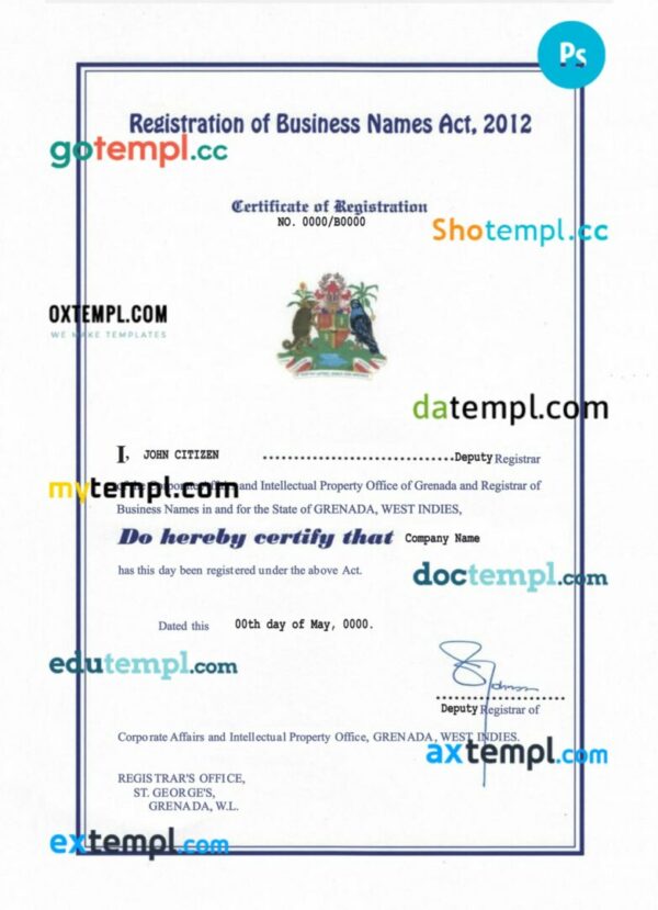 Grenada company registration certificate PSD template