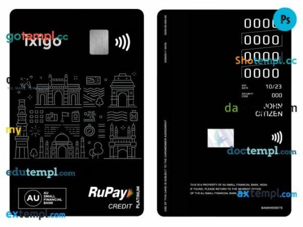 India AU Small Financial Bank RuPay platinum credit vertical card template in PSD format