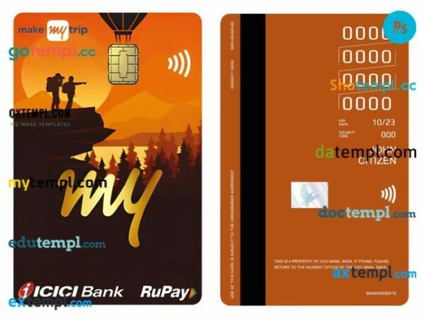 India Icici Bank RuPay MakeMyTrip vertical credit card template in PSD format