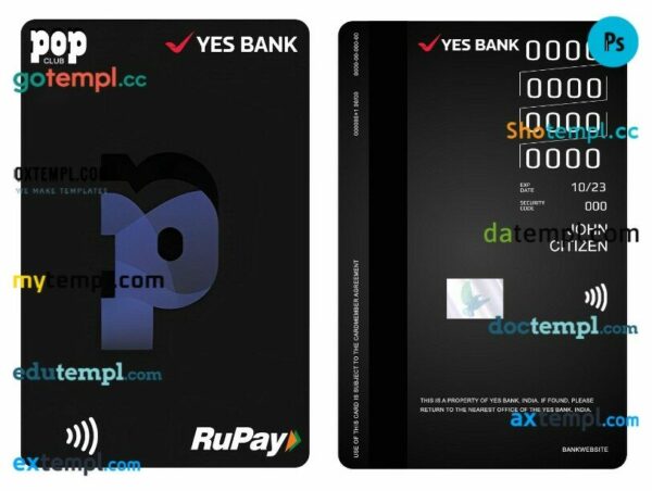 India YES Bank POP Club RuPay vertical credit card template in PSD format