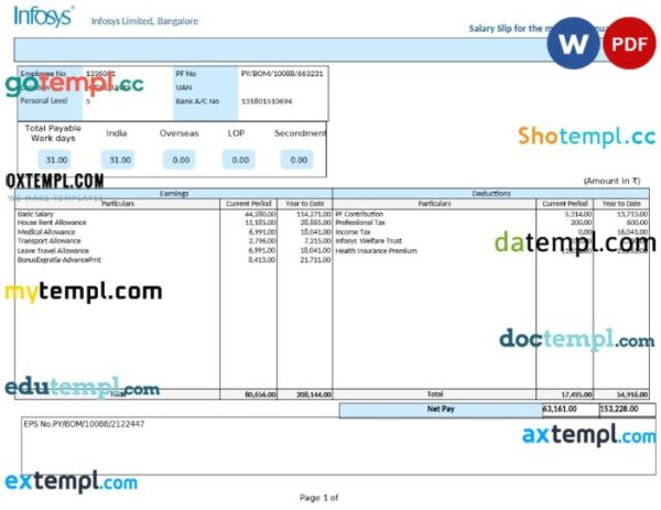 Infosys technology company salary slip template in Word and PDF formats