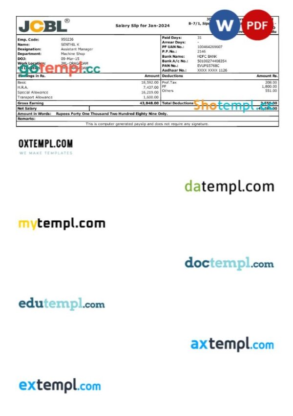 JCBL Marrel Tippers manufacturer payslip template in Word and PDF formats