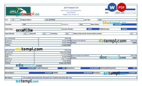 Jali Transport payslip template in Word and PDF formats