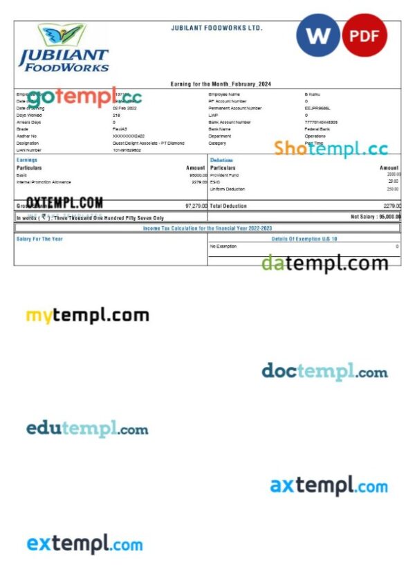 Jubilant FoodWorks payslip template in Word and PDF formats