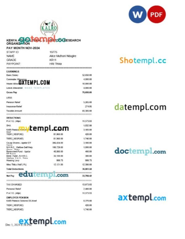 Kenya Agricultural and Livestock Research Organization payslip template in Word and PDF formats