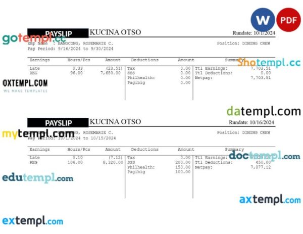 Kusina Otso restaurant payslip template in Word and PDF formats