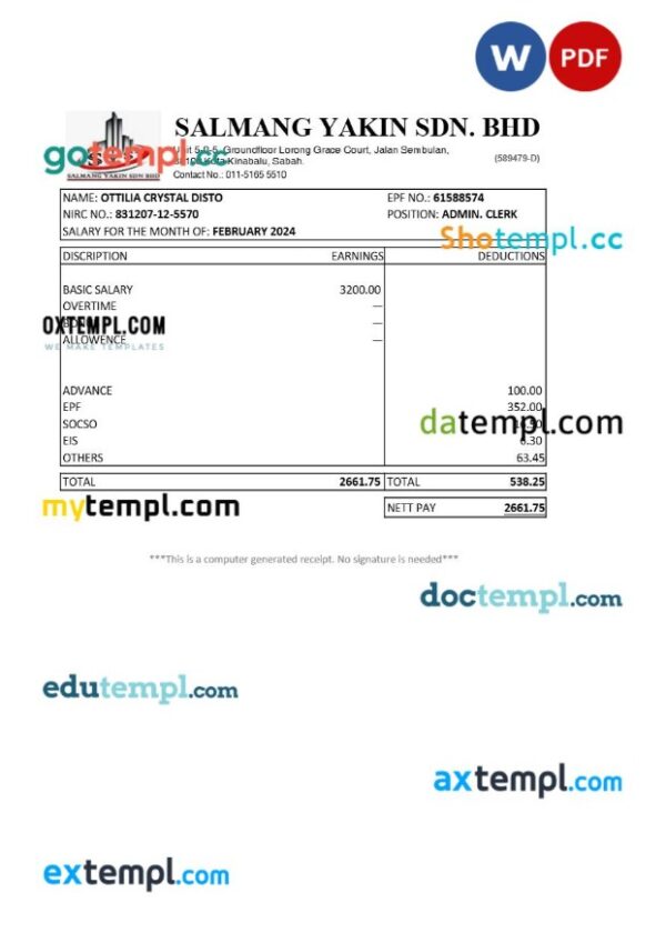 Malaysia Salmang Yakin construction company payslip template in Word and PDF formats