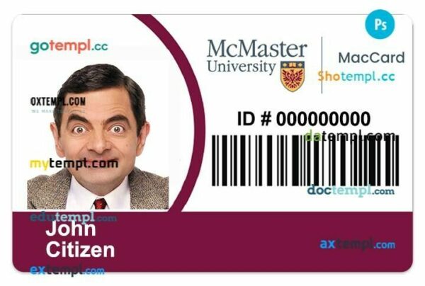 McMaster University student ID template in PSD format, fully editable