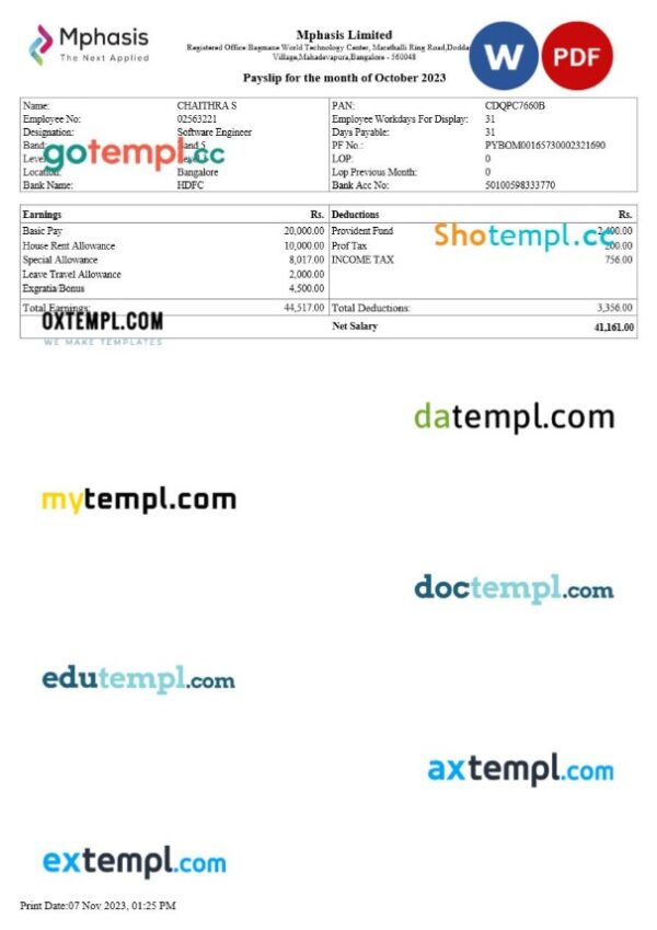Mphasis IT company payslip template in Word and PDF formats