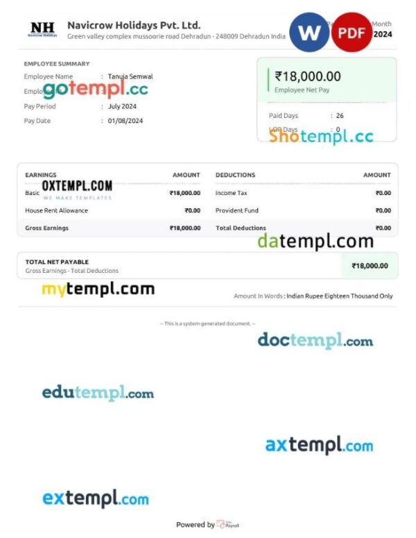 Navicrow Holidays Pvt. Ltd. earnings summary template in Word and PDF formats