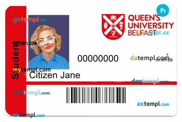 Queen's University Belfast student ID template in PSD format