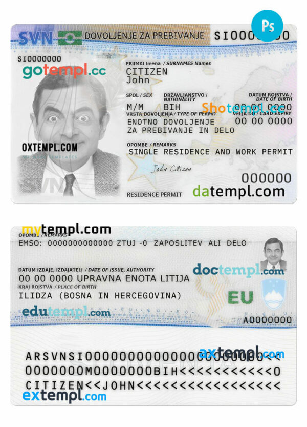 Slovenia residence permit PSD example, fully editable, with fonts