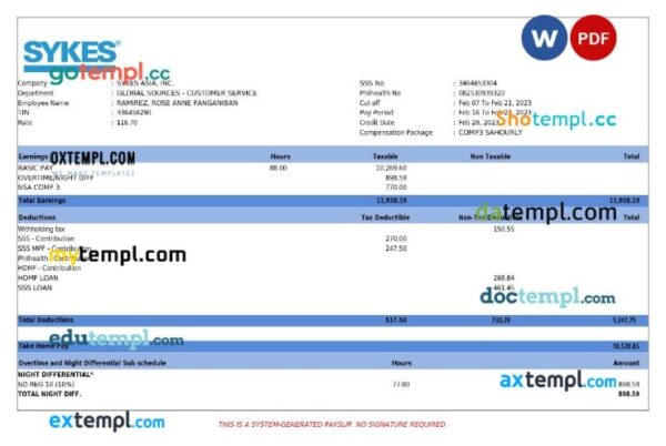 Sykes Asia business services payslip template in Word and PDF formats