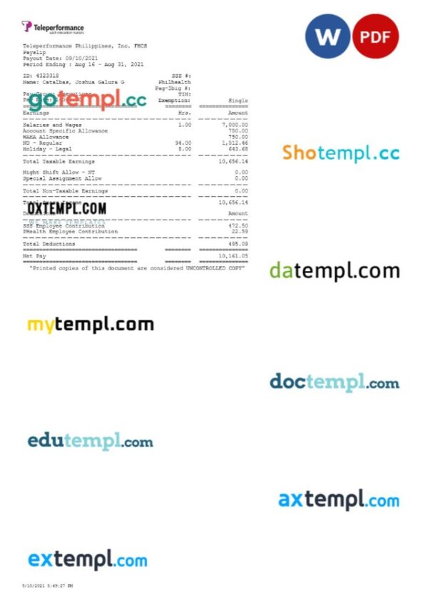 Teleperformance Philippines payslip template in Word and PDF formats