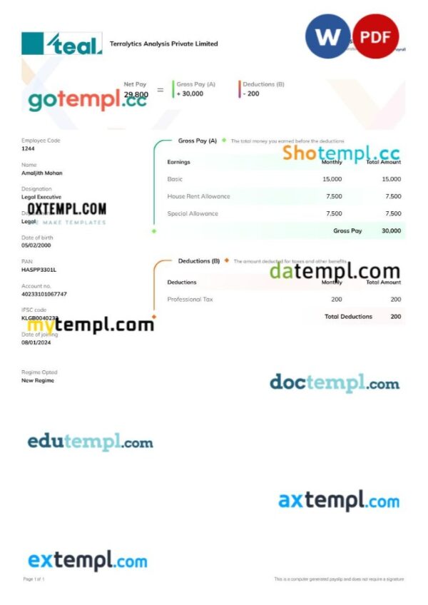 Terralytics Analysis payslip template in Word and PDF formats