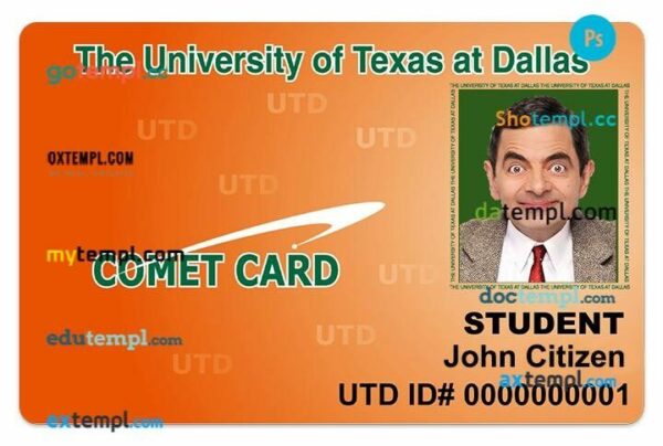 The University of Texas at Dallas student ID template in PSD format