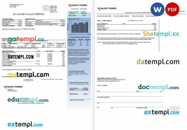 USA Pacific Power business utility bill Word and PDF template