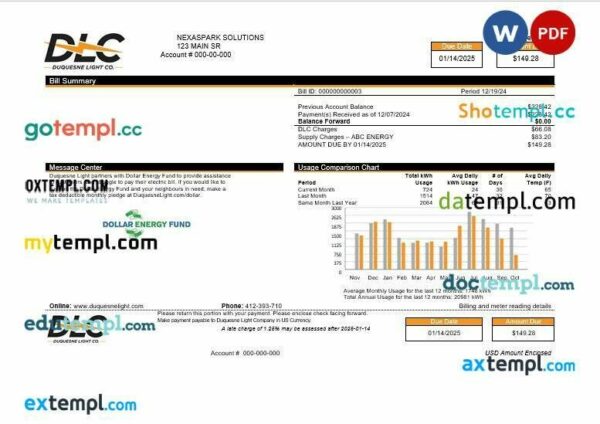 USA Pennsylvania Duquesne Light Company (DLC) business utility bill template in Word and PDF formats