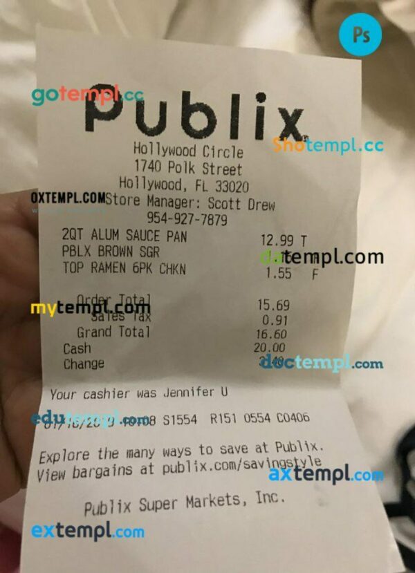 USA Publix supermarket payment receipt PSD template