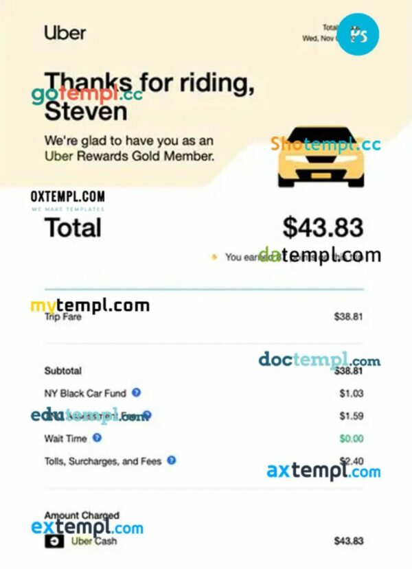 Uber service payment receipt PSD template