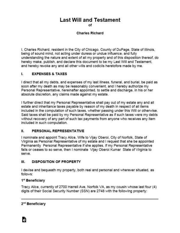 United States Illinois Last Will and Testament editable template in Word and PDF formats