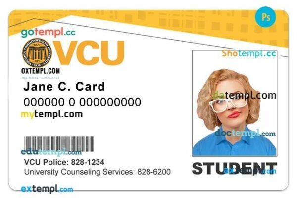 Virginia Commonwealth University Student ID template in PSD format