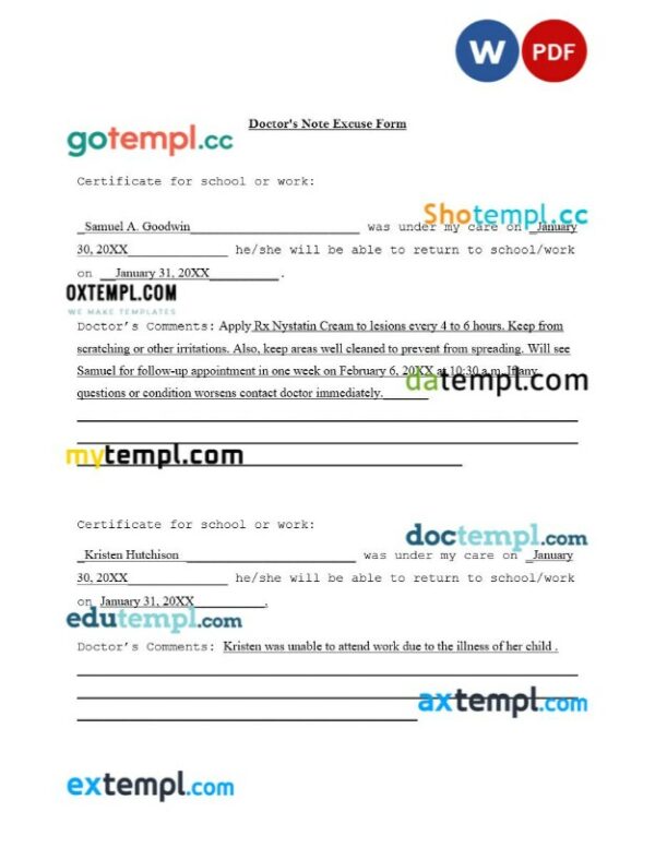 doctor note excuse form template Word and PDF formats