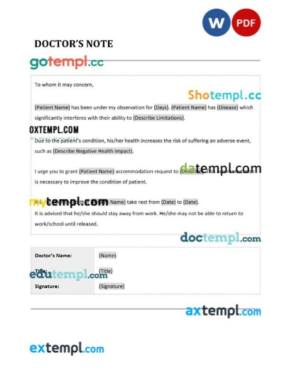 doctor note template Word and PDF formats, version 2