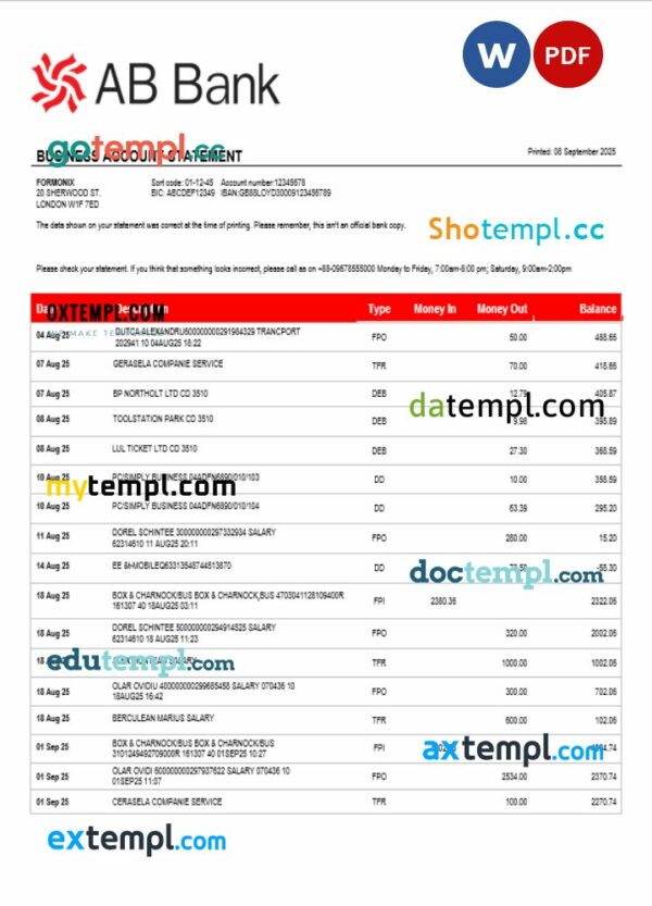 AB organization checking account statement Word and PDF template