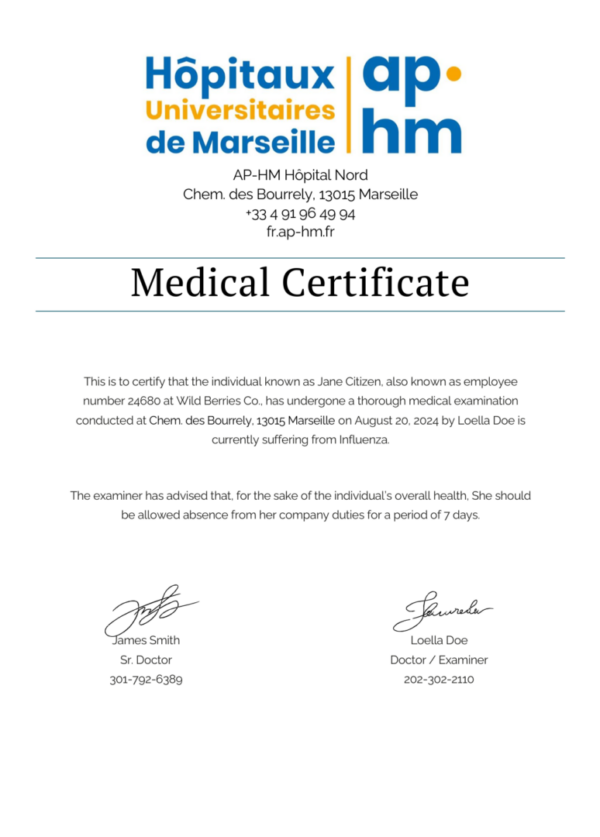 AP-HM Hôpital Nord medical certificate template in Word and PDF formats