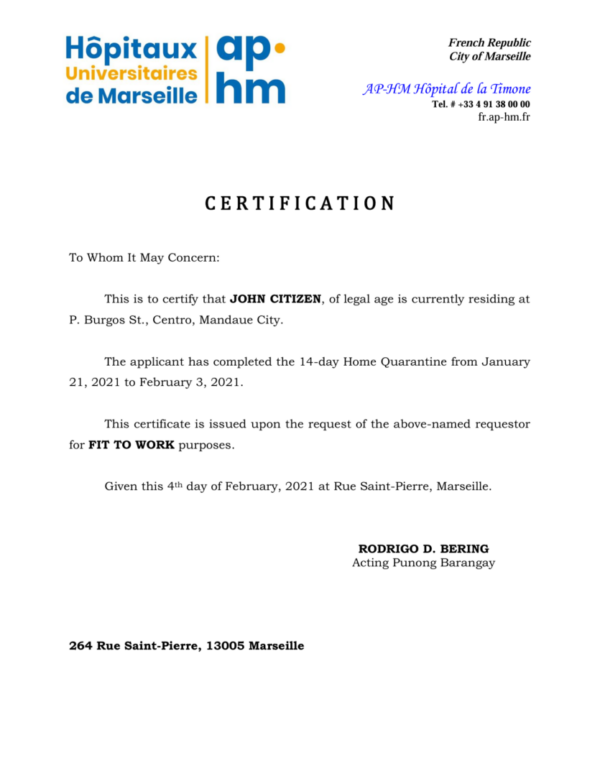 AP-HM Hôpital de la Timone certification template in Word and PDF formats