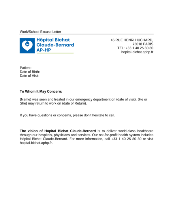 AP-HP Hôpital Bichat Claude-Bernard excuse letter template in Word and PDF formats