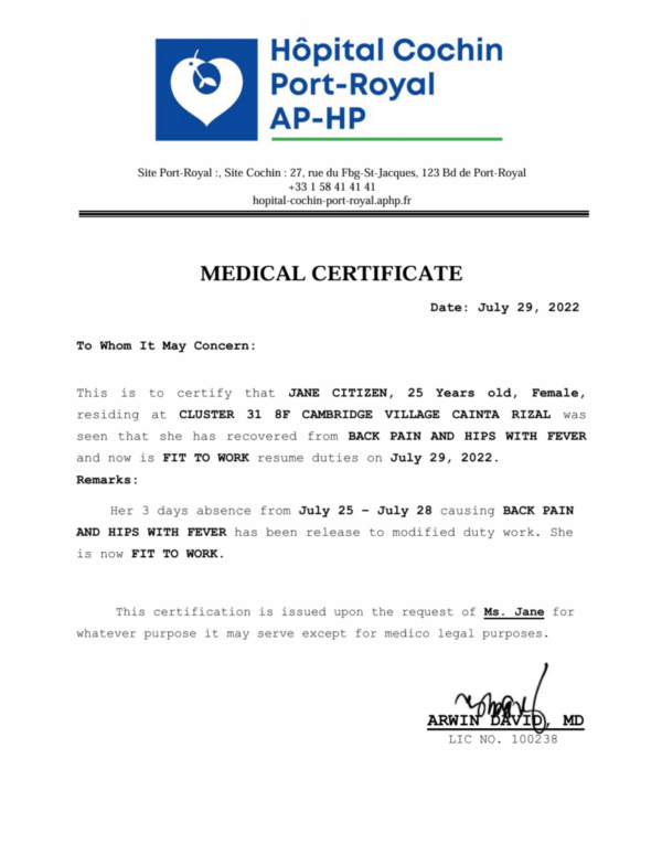 AP-HP Hôpital Cochin medical certificate template in Word and PDF formats