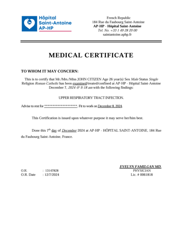 AP-HP - Hôpital Saint-Antoine medical certificate template in Word and PDF formats