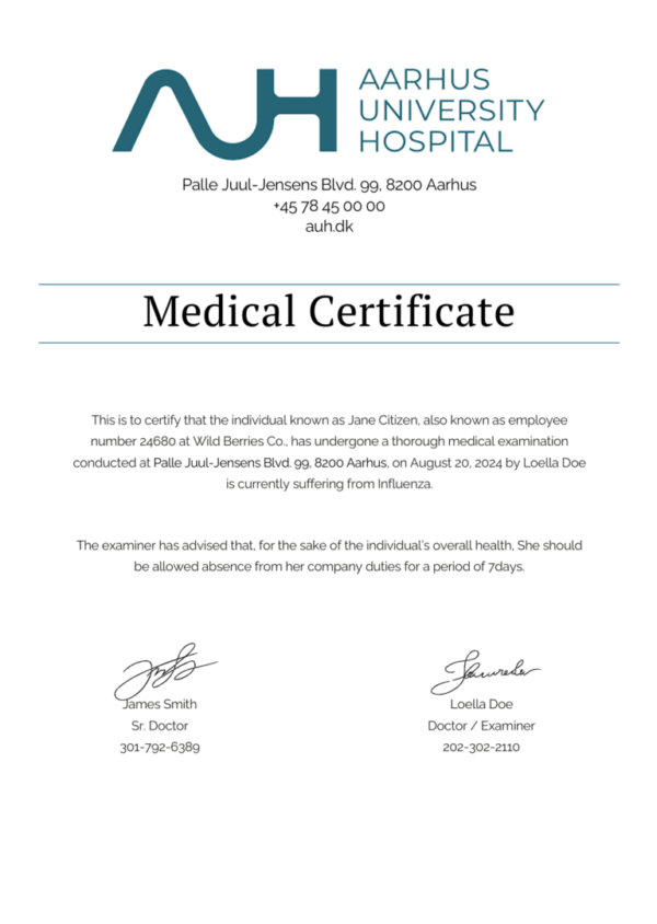 Aarhus Universitetshospital medical certificate template in Word and PDF formats