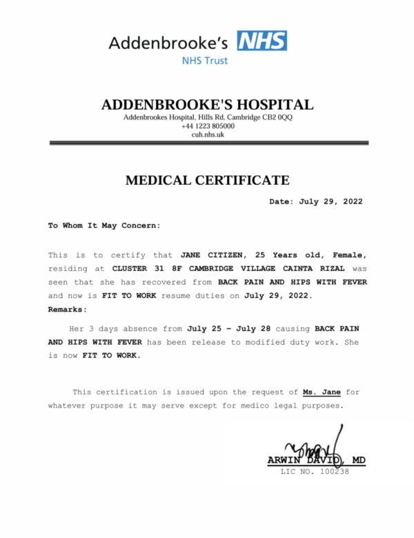 Addenbrooke's Hospital medical certificate template in Word and PDF formats