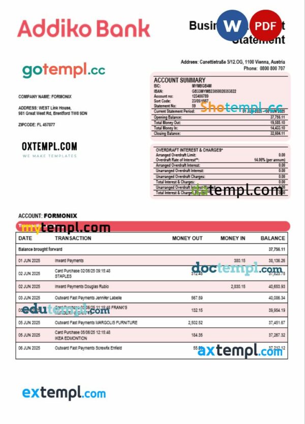 Addiko business bank organization account statement Word and PDF format