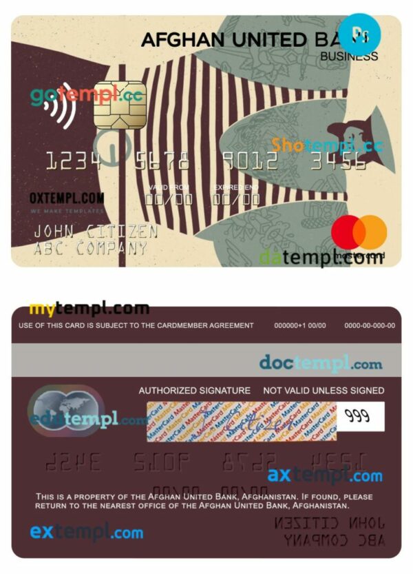 Afghanistan Afghan United Bank business mastercard template in PSD format