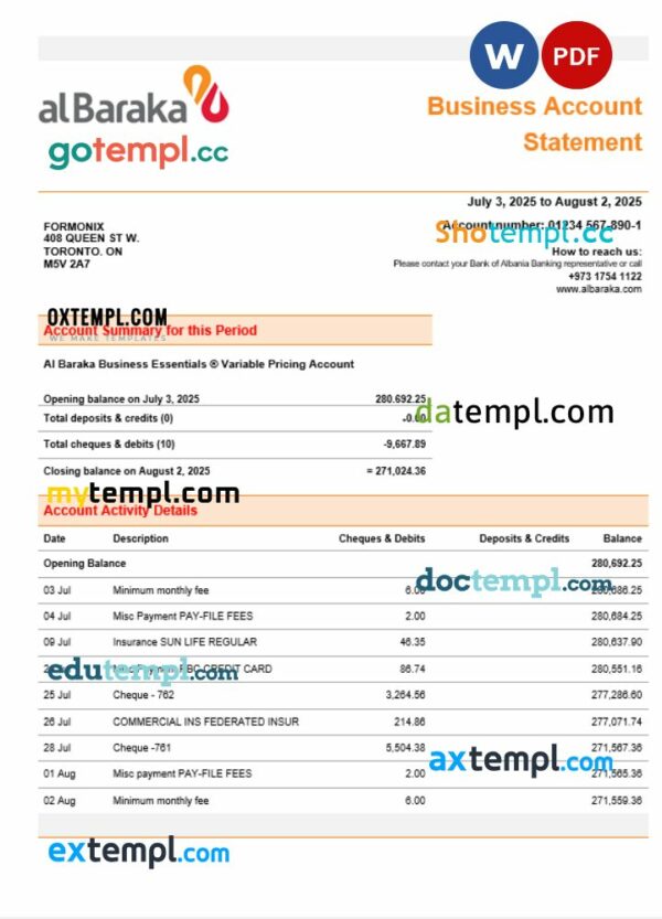 Al Baraka business bank  company account statement Word and PDF format