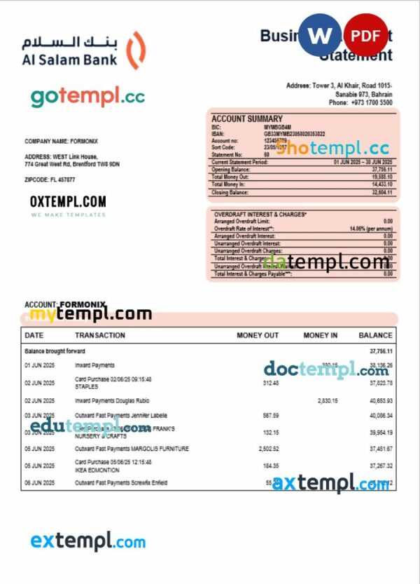 Al Salam firm account statement Word  and PDF format