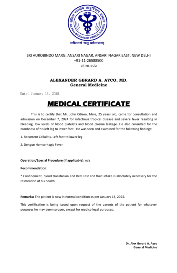 All India Institute Of Medical Sciences Delhi medical certificate template in Word and PDF formats